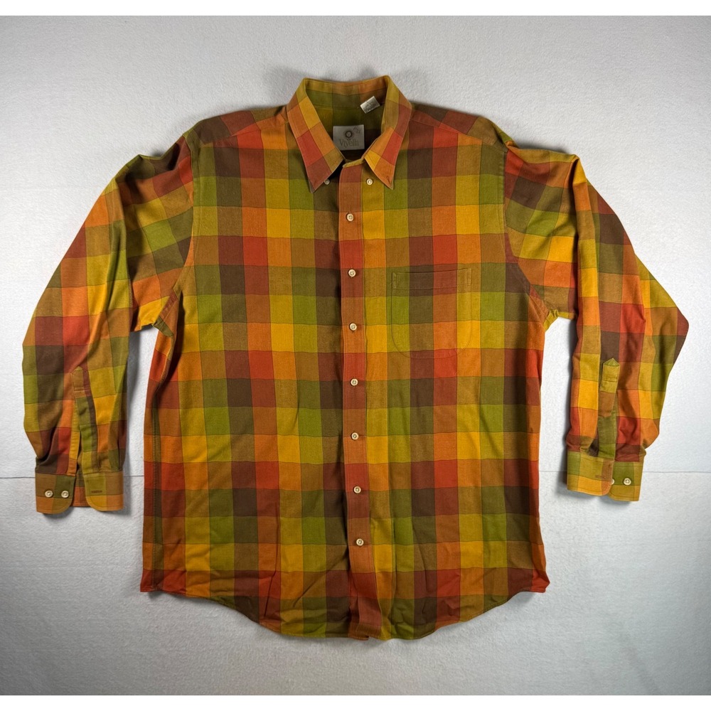 VTG Viyella Mens XL Multi Color Block Plaid Cotton Wool Blend Button Down Shirt